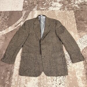 Vintage Harris Tweed Lands End Mens Blazer 42L Brown Herringbone Wool Sport Coat